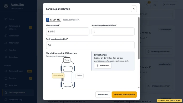 Fahrzeugannahme in AutoLibs mit Kilometerstand, Schlüsseln und dokumentierter Auffälligkeit