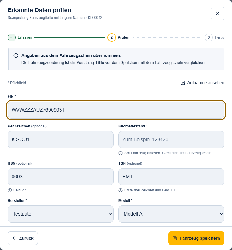 Prüfung erkannter Fahrzeugdaten im AutoLibs-Portal mit FIN, HSN, TSN und leerem Kilometerstand