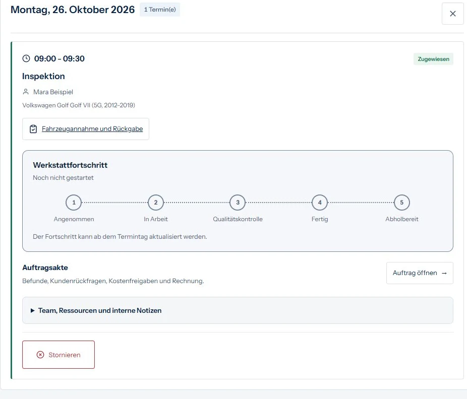 Bestätigter Werkstatttermin für Mara Beispiel am 26. Oktober von 09:00 bis 09:30 Uhr mit Status Zugewiesen
