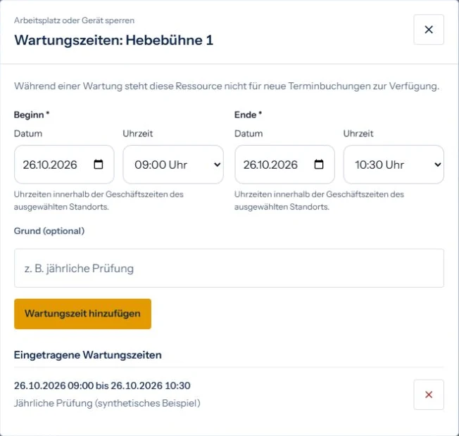 Gespeicherte Wartung von Hebebühne 1 im AutoLibs-Portal am 26. Oktober von 09:00 bis 10:30 Uhr